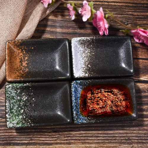 Miniatura 2 de Juego de 4 platos de cerámica para salsa de soja, rectangulares pequeños de 3.35 pulgadas, platos de inmersión de sushi con textura