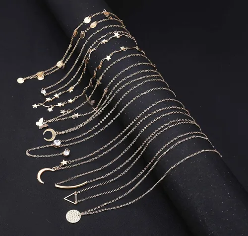 Miniatura 7 de Honsny 20 collares de gargantilla en capas para mujer colgante de barra de monedas de oro y plata collar multicapa lindo collar de perlas de luna