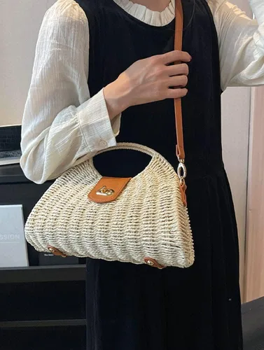 Miniatura 6 de Bolso cruzado de paja tejida a mano para mujer, bolso de hombro con asa superior de ratán para playa de verano, bolso de mano