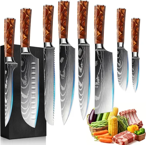 Miniatura 10 de Juego de 10 cuchillos de cocina japoneses de alta calidad, colección Imperial, patrón láser de damasco, acero inoxidable 440A ultra afilado