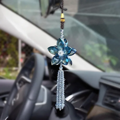 Miniatura 11 de Accesorio de pendiente decorativo, diseño de flor de cristal, para espejo retrovisor de vehículo, Azul