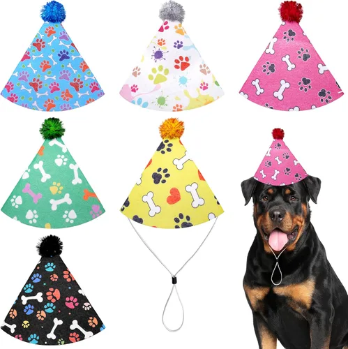 6 sombreros de fieltro para fiesta de cumpleaños de perro, para perros grandes, XL, XXL, estampado de huesos de pata de perro con pompones para