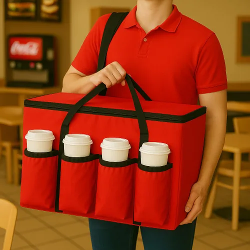 Miniatura 2 de musbus Bolsa aislada para entrega de alimentos con portavasos/portadores de bebidas Premium XXL, ideal para bebidas, comestibles, pizza, calidad Rojo