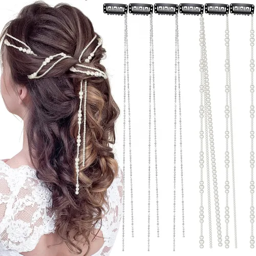 Miniatura 8 de Chunyin 6 Piezas Cadenas de Cabello con Diamantes de Imitación para Mujer Encanto de Perla Accesorios de Joyería para el Cabello con Diamantes