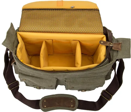 Miniatura 3 de morral de cuero y lona para computadora portátil + morral de lona para cámara Dslr Slr, Verde ejército), 3323830