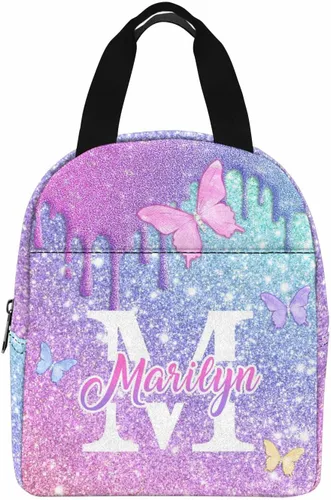 Miniatura 7 de InterestPrint Bolsa de almuerzo con nombre personalizado para hombres y mujeres, diseño de mariposa rosa y azul personalizada, caja de almuerzo