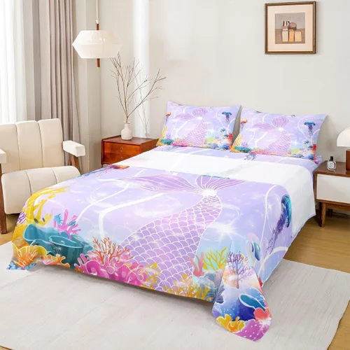 Erosebridal Juego de sábanas tamaño individual de cola de sirena para niños, decoración de habitación de sirena, sábana bajera ajustable para