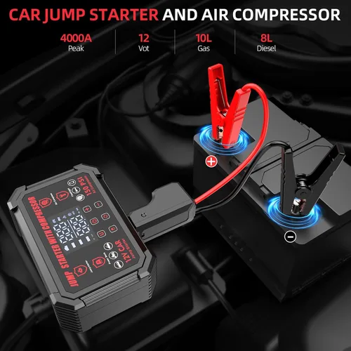 Miniatura 2 de Arrancador de salto con compresor de aire, batería de coche portátil de pico de 4000 A con inflador de neumáticos de apagado automático de 150 PSI