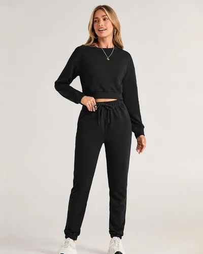 Miniatura 64 de BTFBM Conjunto deportivo de 2 piezas para mujer, camiseta corta de manga larga, sin botones, pantalón con cordón ajustable, pantalones deportivos