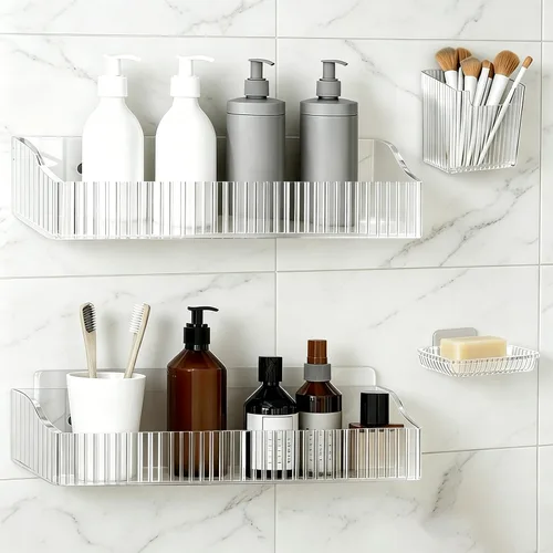Adhesivo acrílico para ducha, paquete de 4 unidades, organizador de baño transparente sin perforaciones, estante de pared con soporte para jabón y