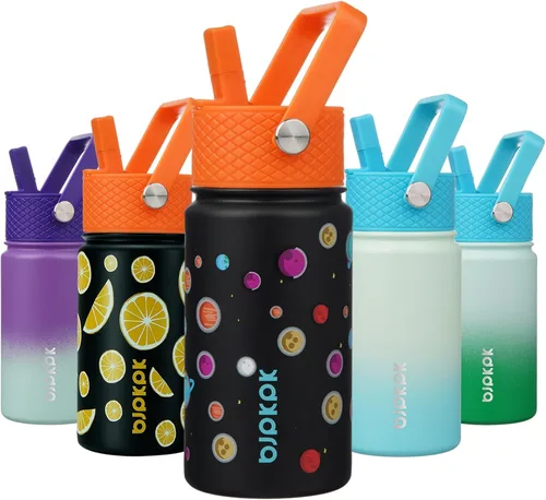 Miniatura 8 de BJPKPK Botella de agua aislada con tapa con pajilla, bonitas botellas de agua de 15 onzas, termo de metal de acero inoxidable, vasos reutilizables