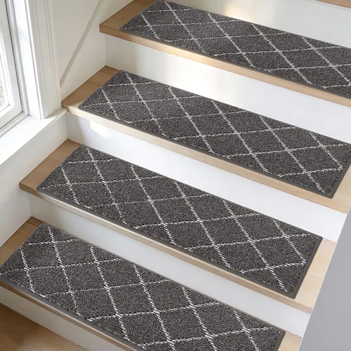 Miniatura 12 de BEQHAUSE Peldaños de escalera para peldaños de madera, antideslizantes, lavables a máquina, alfombras de poliéster suave, 28 x 9 pulgadas