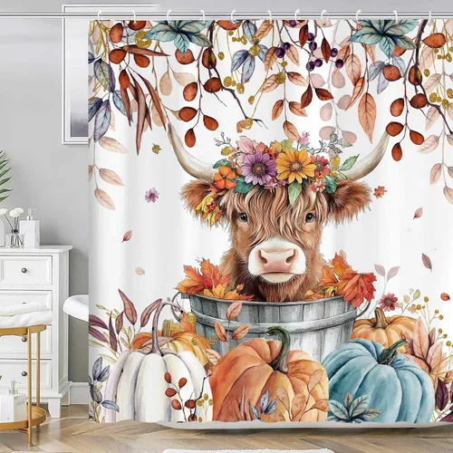 Miniatura 10 de Autumn Pumpkin Shower Curtain, Fall Farmhouse Bathroom Curtain, Thanksgiving Harvest Sunflower Maple Leaves Country Road Waterproof Polyester Fabric
