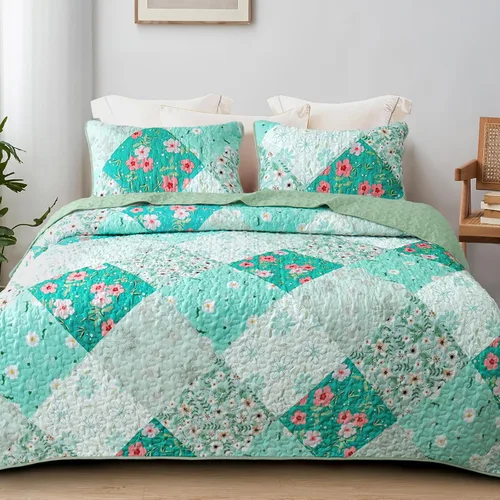 Miniatura 19 de Whale Flotilla Colcha de retazos tamaño individual, colcha floral bohemia extra suave para cama, reversible, ligero, juego de ropa de cama con 1 Azul