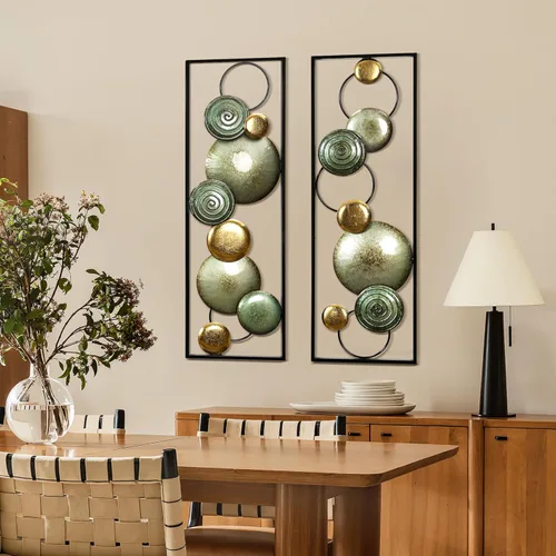 Miniatura 3 de LuxenHome - 2 piezas de arte de pared de metal, círculos multicolor de 36 x 12 pulgadas, decoración de pared rectangular abstracta de metal