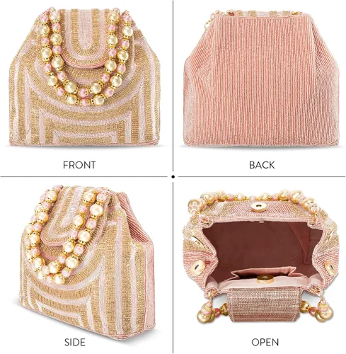 Miniatura 4 de Aheli Potli - Bolsas de noche para mujer, bolso de mano étnico para novia con cordón (P59C), Oro Rosa