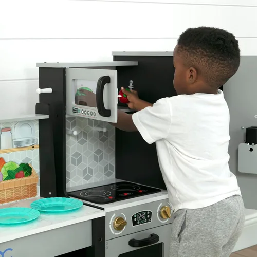 Miniatura 13 de Delta Children - Cocina de juguete Gourmet Todo en Uno de Rincón - Juego de cocina con estufa segura y sin calor con luces, horno, fregadero, Gris