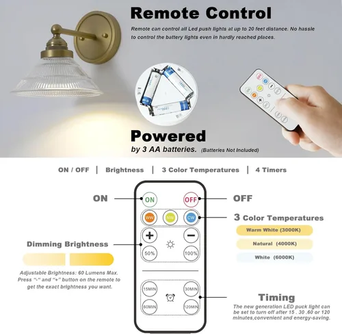 Miniatura 5 de HEQIQEH Aplique de pared vintage a pilas con pantalla de vidrio acanalado transparente, lámpara de pared inalámbrica regulable con control remoto