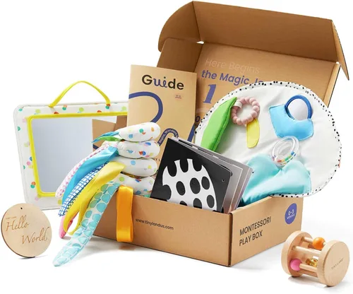 Tiny Land Conjunto de Juguetes Montessori para Bebé 0-3 Meses Kit de Juego Sensorial para Desarrollo de Recién Nacido - Espejo 5 en 1, Conjunto de