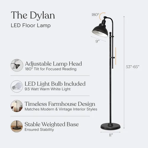 Miniatura 4 de Brightech Dylan - Lámpara de pie industrial para salas de estar y oficinas, luz LED brillante, encantadora lámpara de pie de granja, lectura