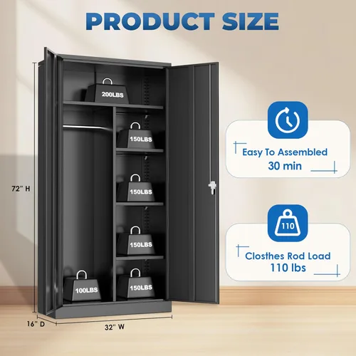 Miniatura 3 de INTERGREAT Armarios de metal con cerradura, armarios de almacenamiento de ropa de 72 pulgadas con barra para colgar y 4 estantes ajustables, armario