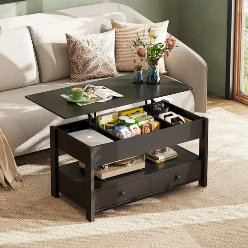 Miniatura 2 de WLIVE Mesa de Centro, Mesa de Centro con Tapa Elevable con 2 Cajones, Gran Almacenamiento y Estante Abierto, Tapa de Mesa Elevable para Sala de Negro