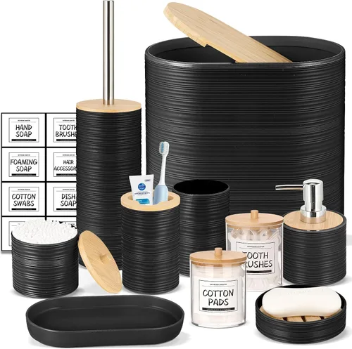 Miniatura 14 de IMAVO Juego de accesorios de baño - Juego de 11 piezas de accesorios de baño beige con cubo de basura, dispensador de jabón, jabonera, soporte