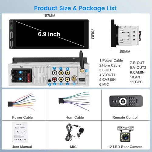 Miniatura 7 de Hikity 1280 x 480 IPS pantalla táctil Bluetooth 5.1 inalámbrico Android Auto, receptor de audio para automóvil, EQ FM 2USB SWC+cámara de respaldo