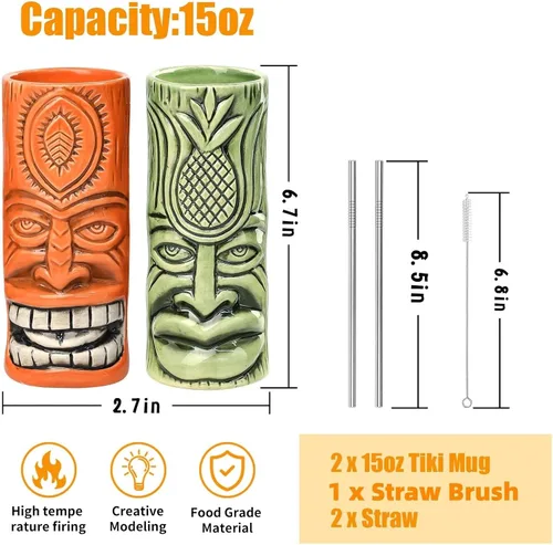 Miniatura 2 de SuproBarware Tiki - Juego de 2 tazas de cóctel hawaianas grandes con pajitas y posavasos, lindos vasos de cóctel exóticos para fiesta Tiki Bar