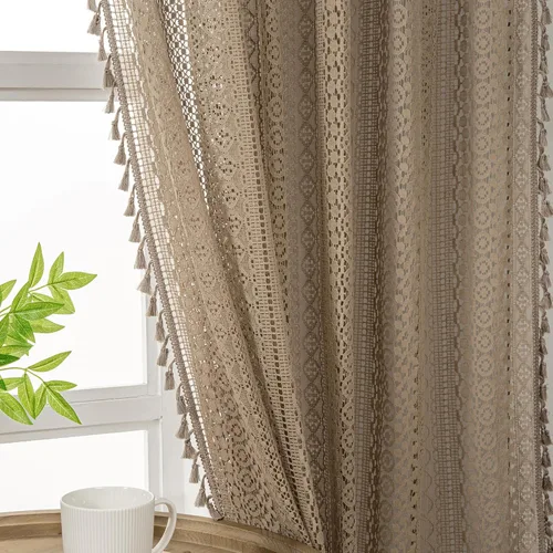Miniatura 19 de WAZZIO Cortinas de Encaje, Cortina Boho de Crochet para Dormitorio, Cortinas de Café de Algodón, 45 Pulgadas de Largo, 2 Paneles con Bolsillo