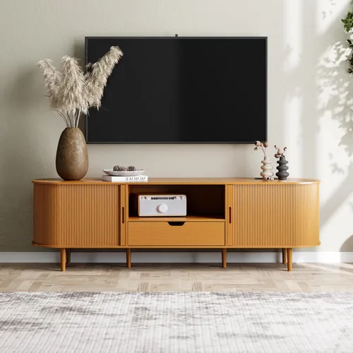 Miniatura 16 de DHH Soporte de TV acanalado de 71 pulgadas con toma de corriente para televisores de hasta 80 pulgadas, consola de TV con estantes ajustables y Negro