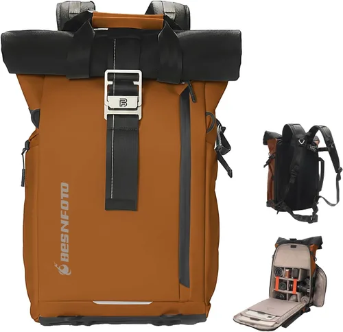 Miniatura 8 de Mochila impermeable para cámara Besnfoto, bolsa de fotografía con tapa enrollable para cámara DSLR SLR sin espejo con compartimento para laptop