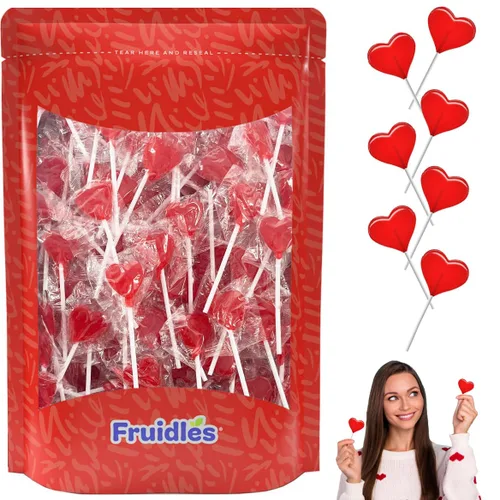 Miniatura 10 de Mini paletas para el día de San Valentín con forma de corazón rojo con sabor a fresa, envueltas individualmente, paletas de 0.18 oz, aprox. 40