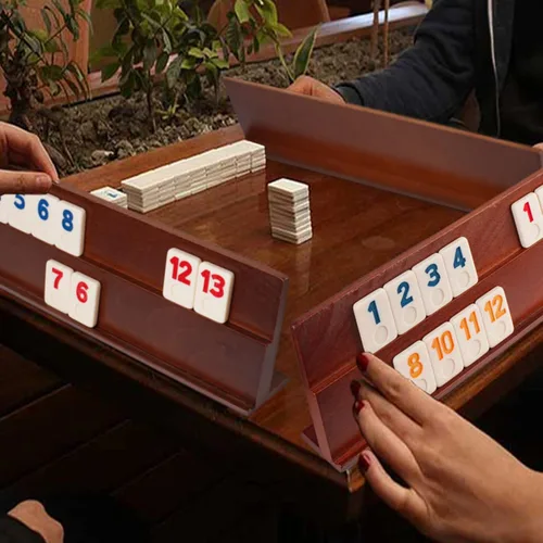 Miniatura 6 de Extguds Deluxe Rummy Cube Juego de 106 fichas, juego clásico de madera, con 4 bastidores de madera hechos a mano, bolsa de lona portátil, juego
