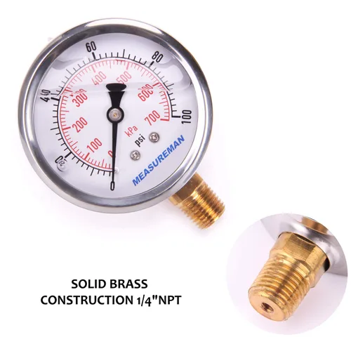 Miniatura 6 de MEASUREMAN - Manómetro de presión 1/4 NPT, manómetro de presión lleno de glicerina 0-100psi/kPa con esfera de 2.5 pulgadas y caja de acero