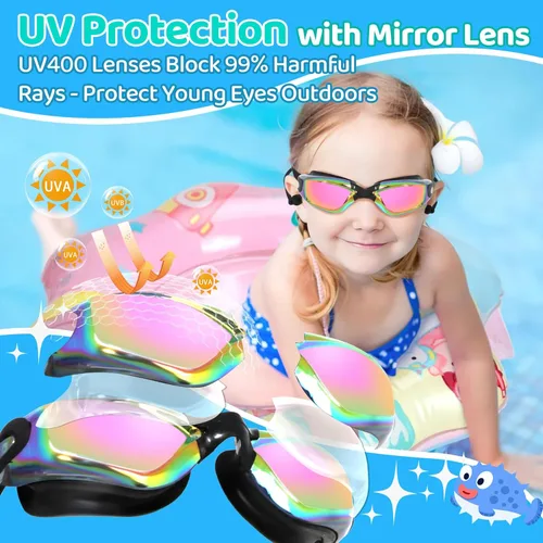 Miniatura 2 de Vvinca Swimming Goggles for Kids 3-15 years-2 Pack, Kids Goggles Anti-Fog/UV No Leaking Swim Goggles for Kids 03-negro oro y negro rosa