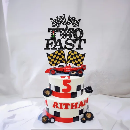 Miniatura 7 de Gyufise 1 pieza de decoración de pastel de cumpleaños con dos banderas negras con purpurina a cuadros para coche de carreras de 2º cumpleaños
