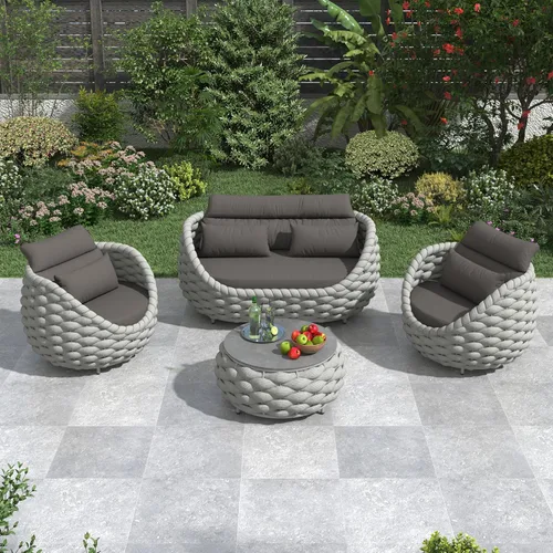 Miniatura 19 de Juego de muebles de patio de cuerda de 4 piezas: conjunto de sofás al aire libre de aluminio acolchado - sofá de conversación moderno ensamblado