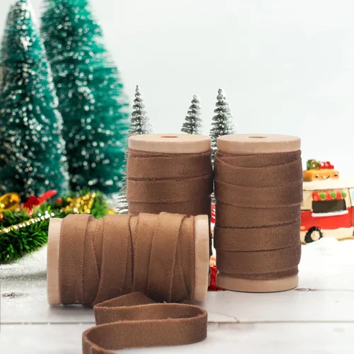 Miniatura 6 de Coowayze Cinta de terciopelo marrón de doble cara para árbol de Navidad, envoltura de regalo de 3/8 pulgadas x 15 yardas en 3 bobinas de madera