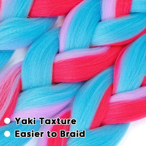 Miniatura 5 de 3 piezas de cabello trenzado de color azul y rosa para niña, cabello de color para trenzar de 24 pulgadas (rosa intenso-azul-morado)
