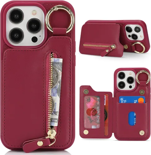 Miniatura 8 de Havaya Funda para iPhone 13 Pro con tarjetero y llavero, soporte de cuero, a prueba de golpes, con ranuras para tarjetas de crédito, cremallera