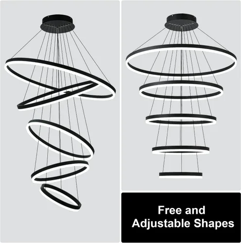 Miniatura 5 de Candelabro LED moderno de 5 anillos, color negro, regulable, de techo alto, para comedor con control remoto para vestíbulo, sala de estar, entrada