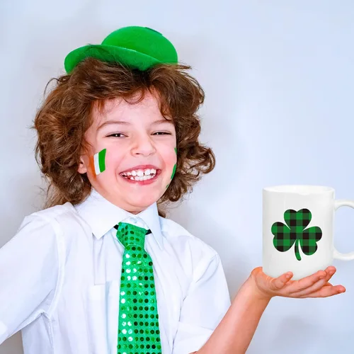 Miniatura 7 de Whaline Juego de 2 tazas del Día de San Patricio de 12 onzas con diseño de trébol a cuadros de búfalo para café, tazas de cerámica irlandesa a