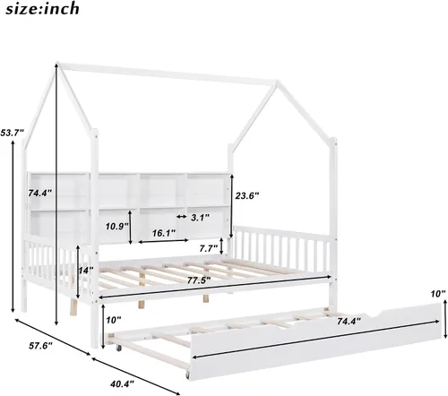Miniatura 2 de Cama matrimonial con nido, marco de cama matrimonial para niños con estantes de almacenamiento y techo, cama Montessori, cama de tienda, cama