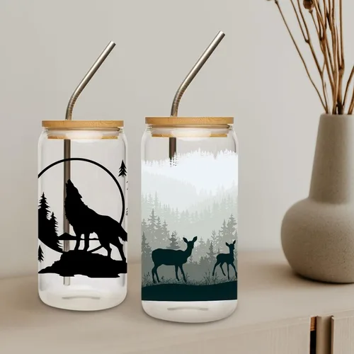 Miniatura 2 de Adhesivo UV DTF para taza, 8 hojas de transferencia DTF UV de animales para vidrio de 16 onzas, estilo bosque negro, lobo, ciervo, jirafa, elefante