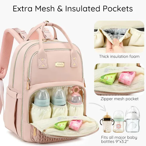 Miniatura 5 de Mochila para pañales, grande, multifuncional, para niños, niñas y bebés, bolsa esencial de viaje con cambiador, bolsillos aislados, correas para Rosa