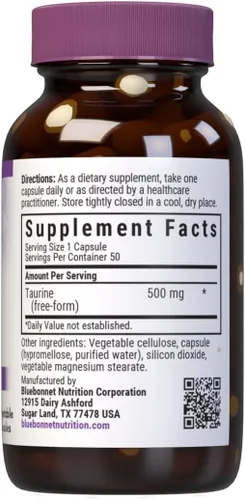 Miniatura 2 de Bluebonnet Taurina 500 mg Cápsulas de vitaminas, 50