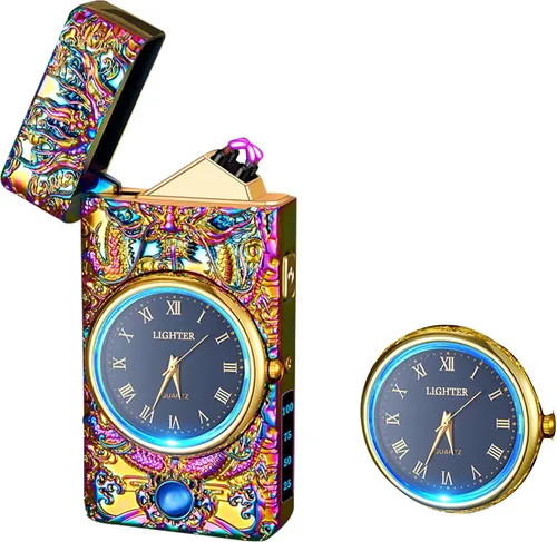 Reloj Eléctrico Genial con Encendedor de Plasma de Doble Arco, Resistente al Viento, Recargable por USB con Indicación de Batería para Fuego, Dragón