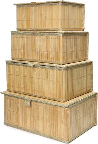 Miniatura 8 de Cesta de mimbre con tapa, caja de almacenamiento de bambú para estantes, cajas de almacenamiento de bambú con tapas, cesta decorativa rectangular