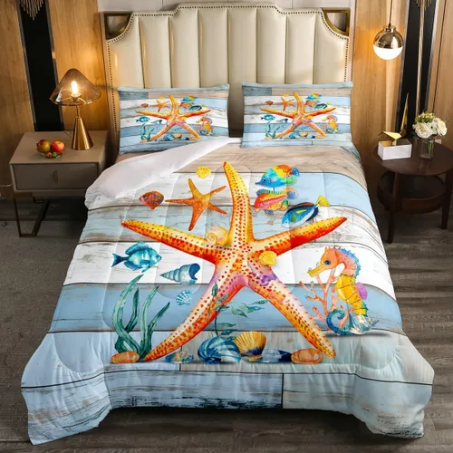 Miniatura 14 de Juego de edredón de tortuga marina para niños, tamaño individual, juego de ropa de cama con brújula náutica del océano, juego de edredón retro